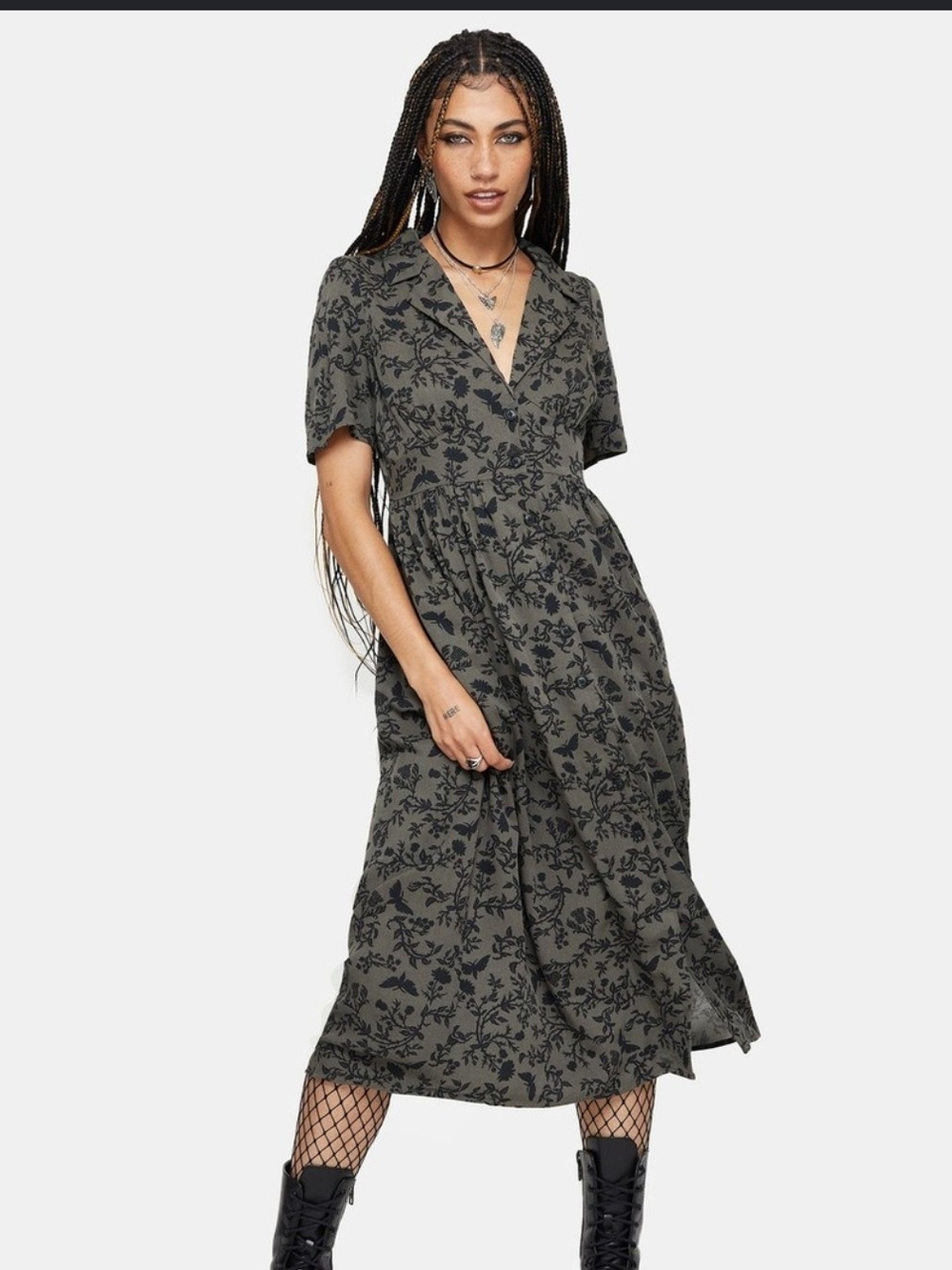 Disturbia Morgana Midi Shirt Dress Green Floral Moth Goth - Size US 12 / UK 16
